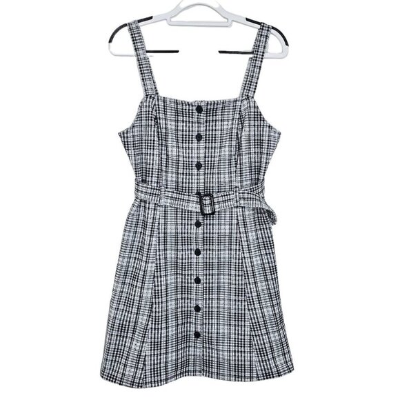 SO Sleeveless Plaid Jumper Dress BLACK WHITE size L Buttons Lagenlook Twee Chic - Picture 1 of 5